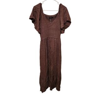 Women’s XXL Merokeety Square Neckline Flutter Sleeve Brown Midi Dress